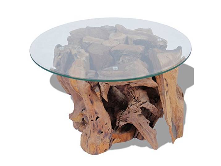 Festnight Couchtisch Kaffeetisch Coffeetisch mit Tischfuss aus Massives Teak-Treibholz Ideal als Beistelltisch Glas Tischplatte Durchmesser 60cm