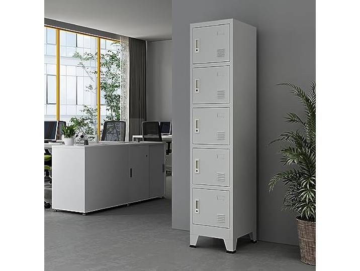 [en.casa] Metallschrank Joroinen Mehrzweckschrank mit 5 Türen Allzweckschrank 180 x 38 x 45 cm Spind Schrank abschließbar Stahlschrank Aufbewahrungsschrank Schließfachschrank Grau