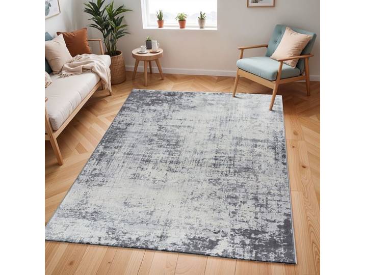 LIVABLISS Tapis de Salon à Poils Courts Doux Abstrait Moderne MILENA 120x170cm Gris/Blanc