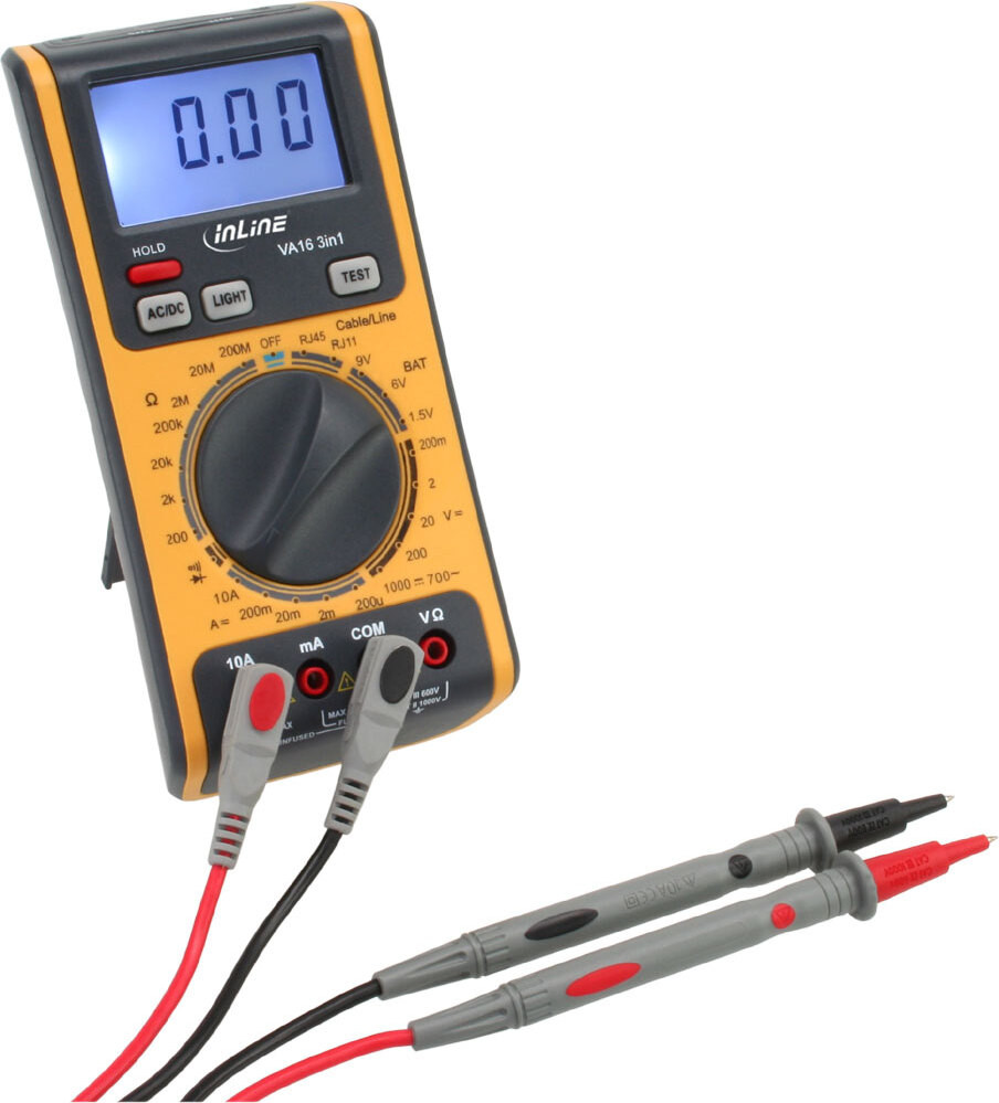 InLine 43115 Multimeter 3-in-1 met RJ45/RJ11 kabeltester en batterijtester