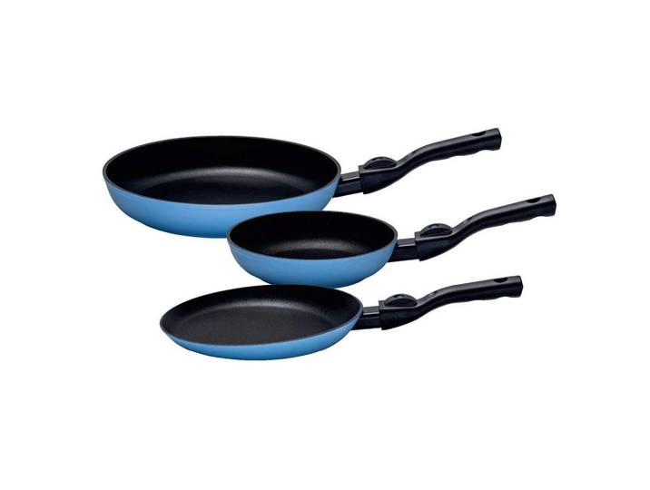 Kelomat Pfannenset Kelomat Blue Click, Blau, Metall, 3-teilig, rund, abnehmbarer Griff, backofengeeignet, antihaftbeschichtet, ergonomischer Griff, Kochgeschirr, Pfannen, Pfannensets