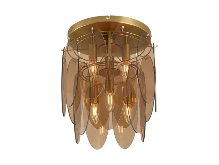 Art Deco plafondlamp goud met amber glas ovaal 6-lichts - Mochan