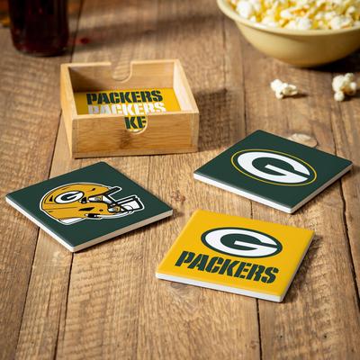 Evergreen Green Bay Packers 4-Piece Ceramic Coasters Set with Wood Caddy