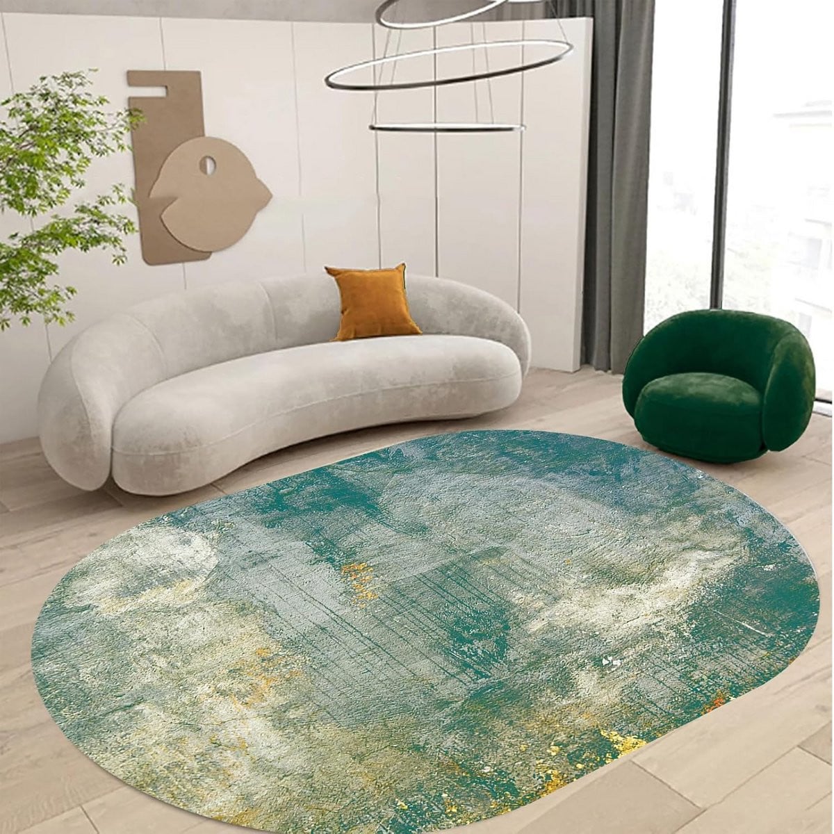Ovaal laagpolig vloerkleed abstract blauwgroen cyaan geel 120 x 160 cm