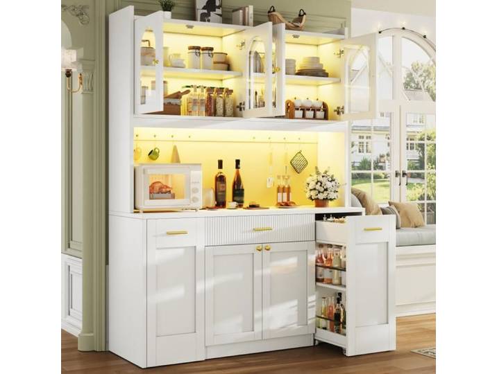 Buffet haut 120cm MDF blanc avec éclairage LED vitrines en verre pour cuisine