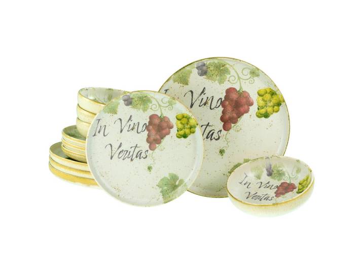 Creatable Tafelservice Uno In Vino Veritas, Mehrfarbig, Keramik, 12-teilig, Schriftzug, lebensmittelecht, stapelbar, Geschirr, Geschirrsets, Tafelservice