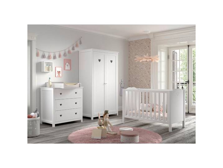 Vipack Babyzimmer, Weiß, Holz, Kiefer, massiv,teilmassiv, 2 Fächer, 3 Schublade(n) Schubladen, höhenverstellbar, Aufbauanleitung im Karton, Lattenrost inklusive, Babymöbel, Babyzimmer-Sets