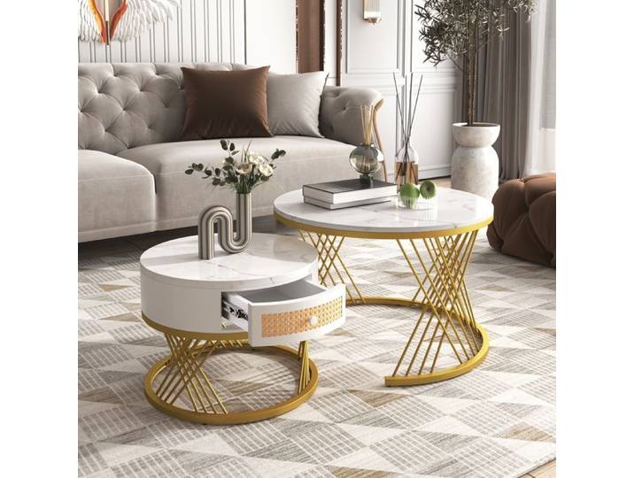 Table Basse Ronde - WILITTO - Design effet marbre - MDF - Nombreux Rangements - Plateau Spacieux - 70X70CM - Blanc