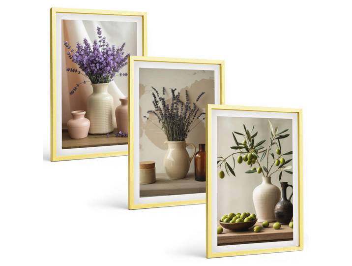 Tulup Bilder SET 3er Set - 40x60 cm Goldrahmen - Lavendelblüten, Oliven, Gefäße, Goldfarben, Kunststoff, Rechteckig, 40x60 cm, Fotografie, Bilder & Rahmen, Bilder