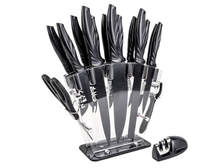 Intirilife 17-teiliges Set Küchenmesser mit Messerblock und Schärfer Sparschäler multifunktionale Schere und Messer - 36 x 11.5 x 23.5 cm - Zum Schneiden Schälen und auch Knacken von Walnüssen