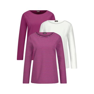 Kurzarmshirt GOLDNER "Langarm 3er-Baumwollshirt-Set", Damen, Gr. 44, lila (beere, cremeweiß, beere, geringelt), Obermaterial: 95% Baumwolle CO. 5% Elasthan EL., Modisch, U-Boot-Ausschnitt, Shirts, U-Boot-Ausschnitt