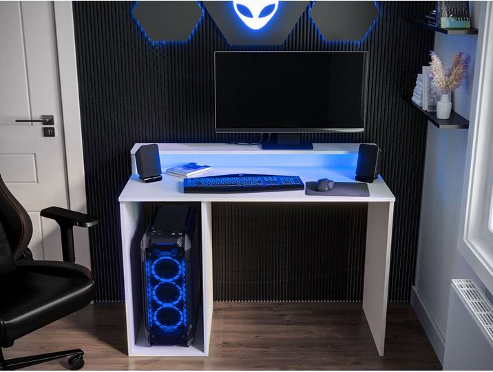 MIRJAN24 Gaming Schreibtisch Gamer 2, Computertisch mit Beleuchtung LED RGB, Monitor Regal, Gaming Stil (Farbe: Weiß)
