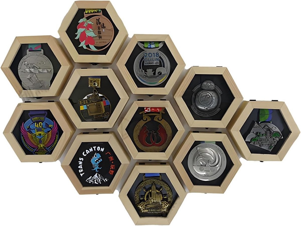 Houten Zeshoek Medaillehouder Display voor Sportmedailles en Races