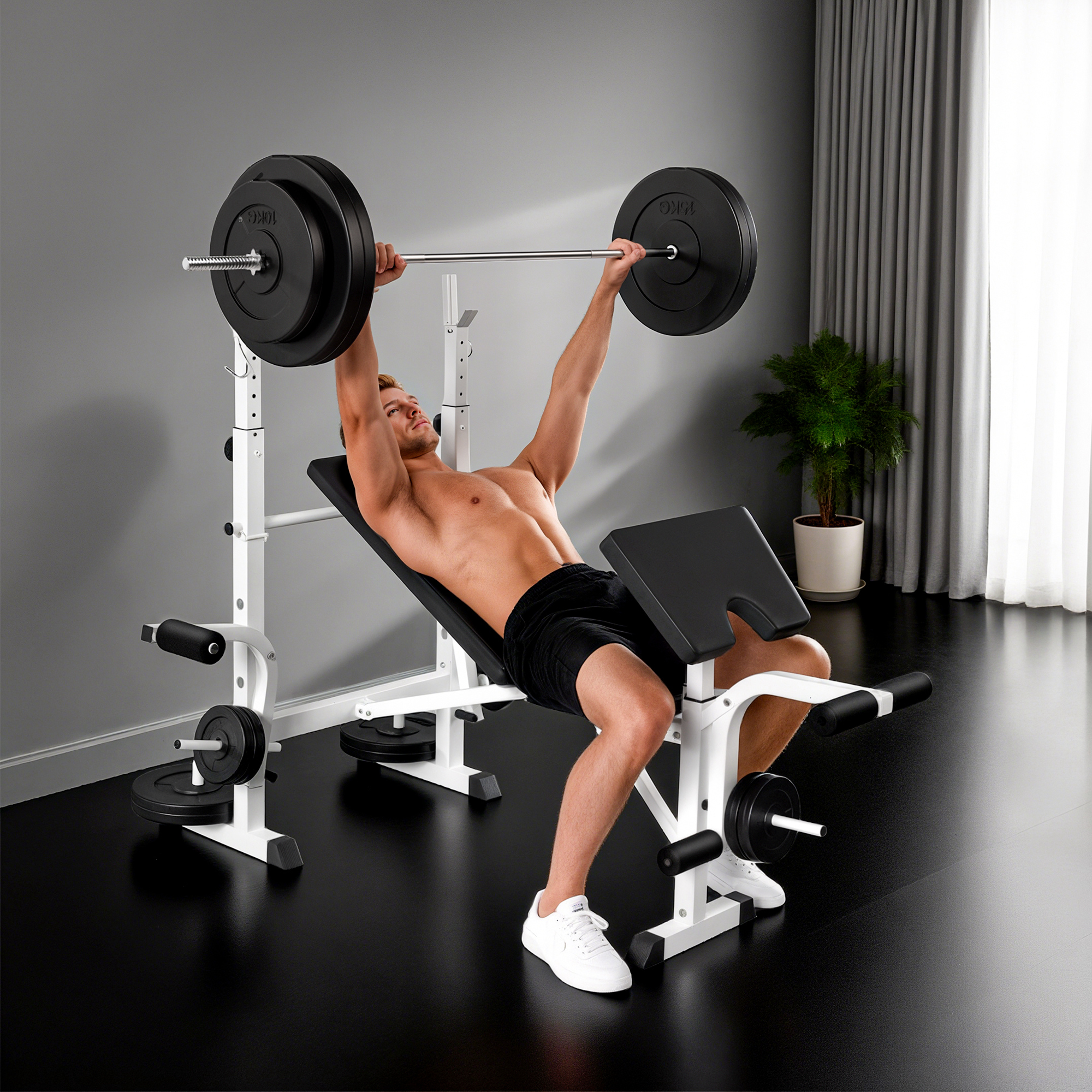 Homcom Panca con supporto bilanciere, pressa pettorale, pressa per gambe, poggiabraccia per curl bicipiti, acciaio, Nero+Bianco   Aosom Italy