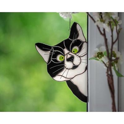 Katzen-Fensterbehang, handgefertigter Katzen-Sonnenfänger aus Buntglas, süßer Katzen-Fensterhänger aus Buntglas, spähender Sonnenfänger, Acryl-Katzen-Buntglas-Katzenfenster-Aufhänger für Katzenliebhaber