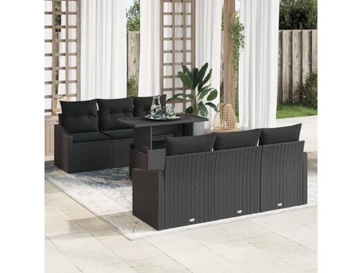 HEFZGDB 7-teiliges Gartensofa-Set mit Kissen in Schwarz aus Poly Rattan für Sechs Personen – Modernes Rechteckdesign mit Bequemen Sitzplätzen und Praktischem Couchtisch, Wetterfest