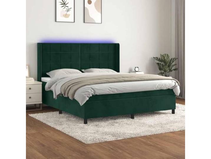 RJPLMFV Boxspringbett, 180 x 200 cm, mit Matratze und LED, Dunkelgrün Weiches Velours, Kopfteil, verstellbar, Taschenfedern, Matratzenschutz, USB 5 V