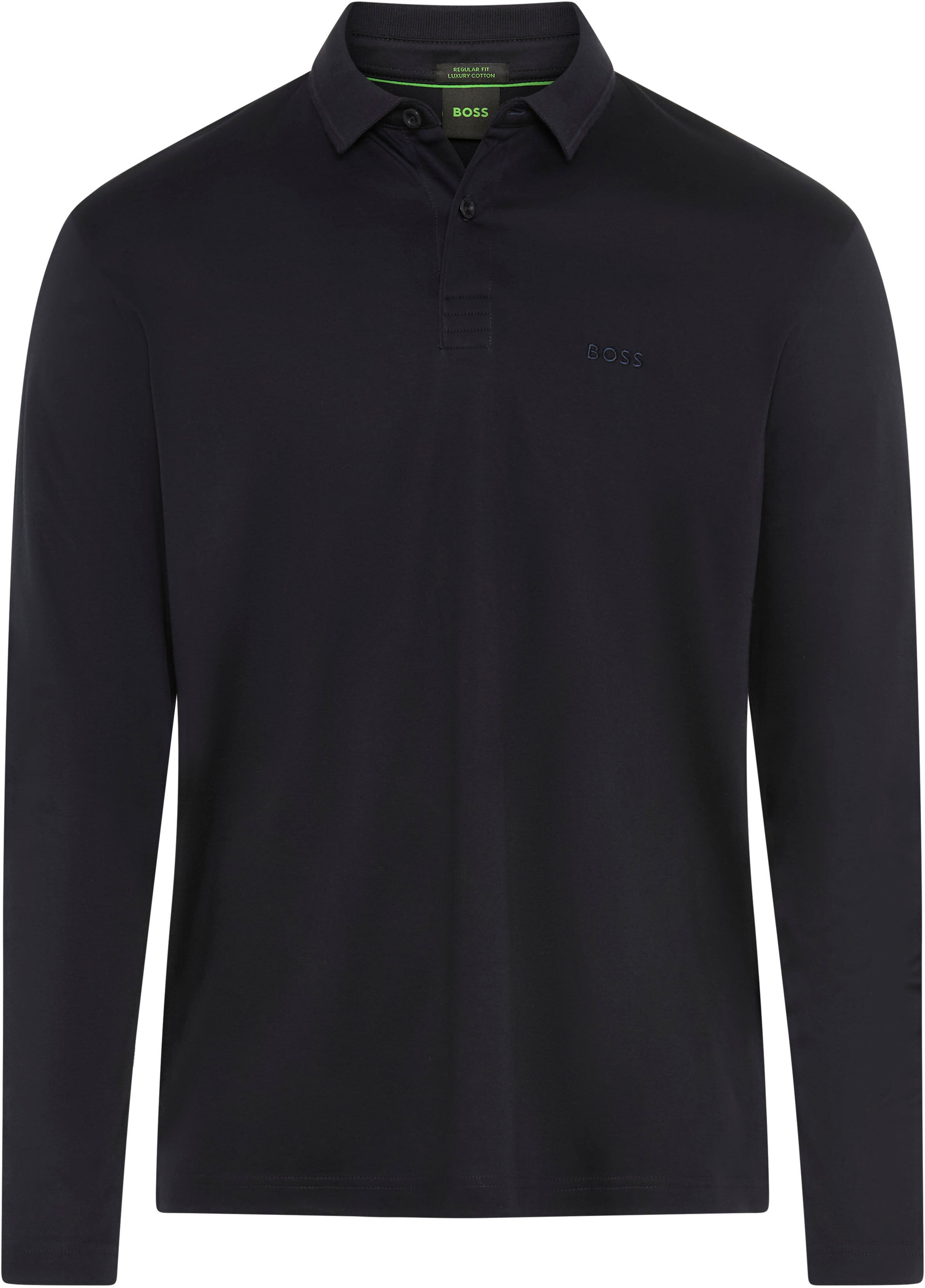 Langarm-Poloshirt BOSS GREEN "Pirol", Herren, Gr. M, blau (dunkelblau402), Jersey, Obermaterial: 100% Baumwolle, unifarben, regular fit normal, abgesteppte Kante, Shirts Langarm-Poloshirt, Langarm, regular fit, Logo-Stickerei