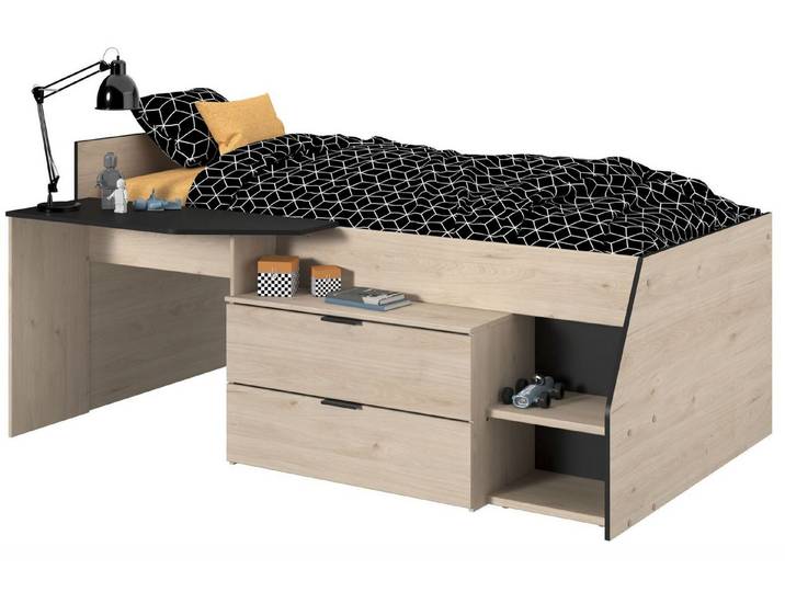 58 aufm Kessel Kinderbett Hochbett Parisot Milky 90x200 Holznachbildung Weiß/Japanische Eiche (inkl. Versand, Lieferung bis Verwendungsstelle), Funktionsbett 90x200 mit Ablage Schubladen Stauraum Industrial Style
