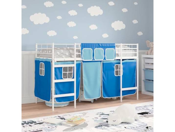 SKTQYQO Hochbett für Kinder mit Vorhängen, Weiß und Blau Rahmen aus lackiertem Metall, an der Wand montiert, atmungsaktives Netz, 75 x 190 cm