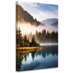 WANDBILD, Wald im Nebel am See Landschaft