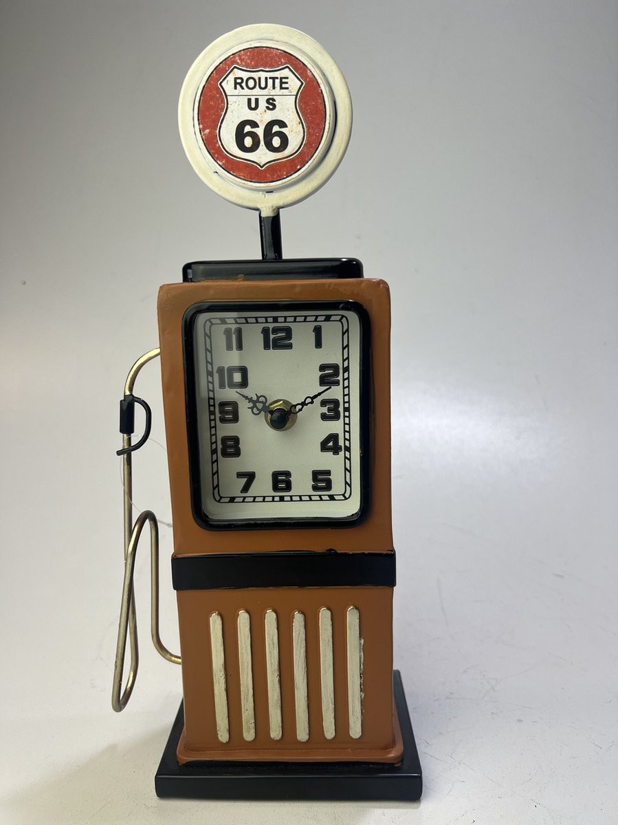 Retro Route 66 benzinepomp bureauklok - Analoge tafelklok - Bruin/oranje metaal