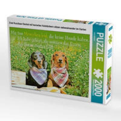 CALVENDO Puzzle Zwei Kurzhaar-Dackel mit karierten Halstüchern sitzen nebeneinander im Garten | 2000 Teile Lege-Größe 90x67cm Foto-Puzzle für glücklic