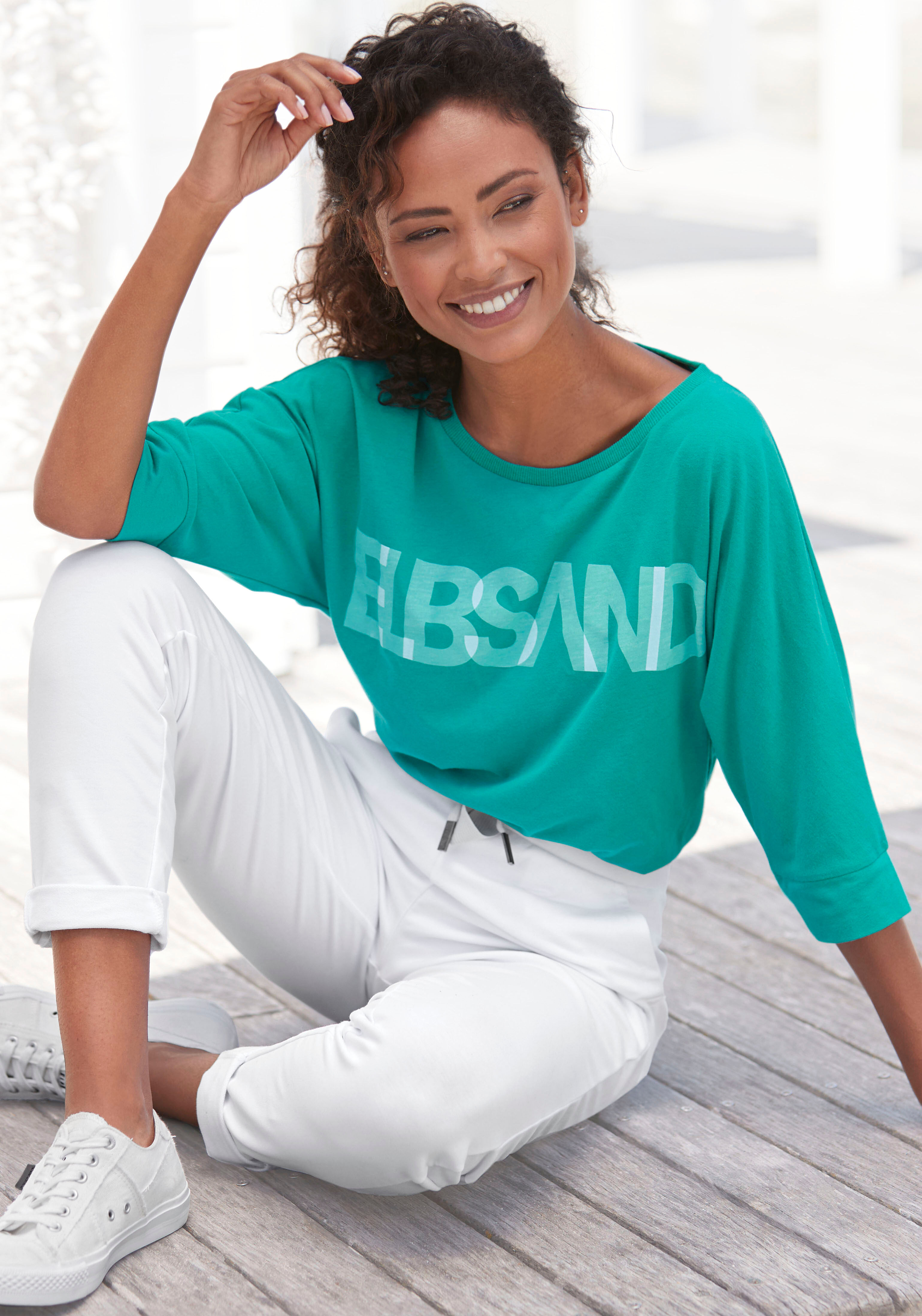 3/4-Arm-Shirt ELBSAND "Irja", Damen, Gr. L (40), grün (seaweed teal), Jersey, Obermaterial: 50% Baumwolle, 50% Polyester, unifarben, figurumspielend hüftlang, Rundhals, Shirts 3/4-Arm-Shirt, mit Logodruck, Baumwoll-Mix, lockere Passform
