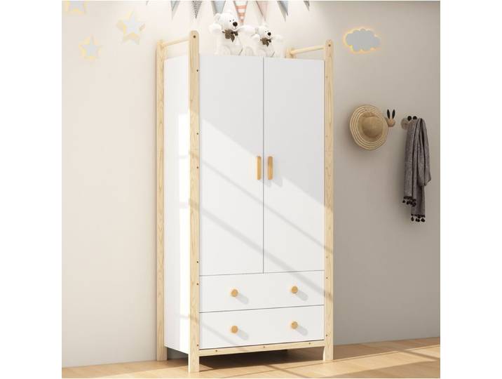 SENVIRO Armoire 2 portes avec 2 tiroirs 89 6 x 44 x 180 5 cm blanc et pin naturel