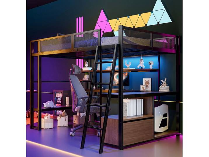 Lit mezzanine gaming en métal 140 x 200 cm bureau intégré LED noir