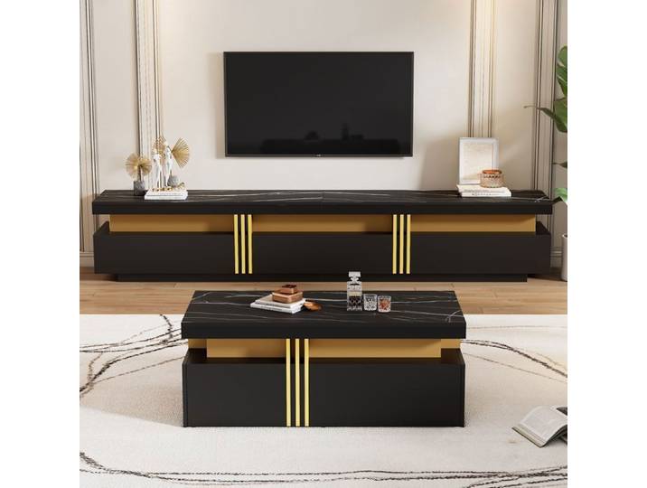Meuble TV - SOGEU - sogeu - Noir - Plateau imitation marbre - Support TV jusqu'à 90 pouces