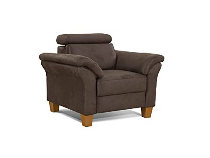 Cavadore Sessel Ammerland / Polstersessel im Landhausstil mit Federkern + verstellbarer Kopfstütze / 101 x 84 x 93 / Wildlederoptik, Braun