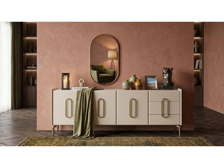 JVmoebel Sideboard Elegantes Weißes Sideboard mit Spiegel Holz Metall Wohnambiente (2 St., 2-tlg)