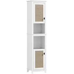 HOMCOM Hoher Badezimmerschrank Boho Stil Kunstrattantüren verstellbare Regalböden 40x30x167,5cm Weiß