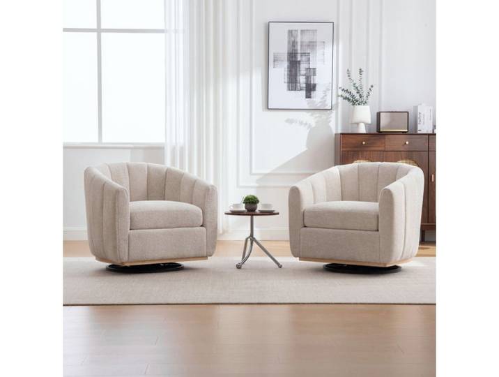 MEULVA Fauteuil pivotant 360° en chenille beige base métal accoudoirs style moderne