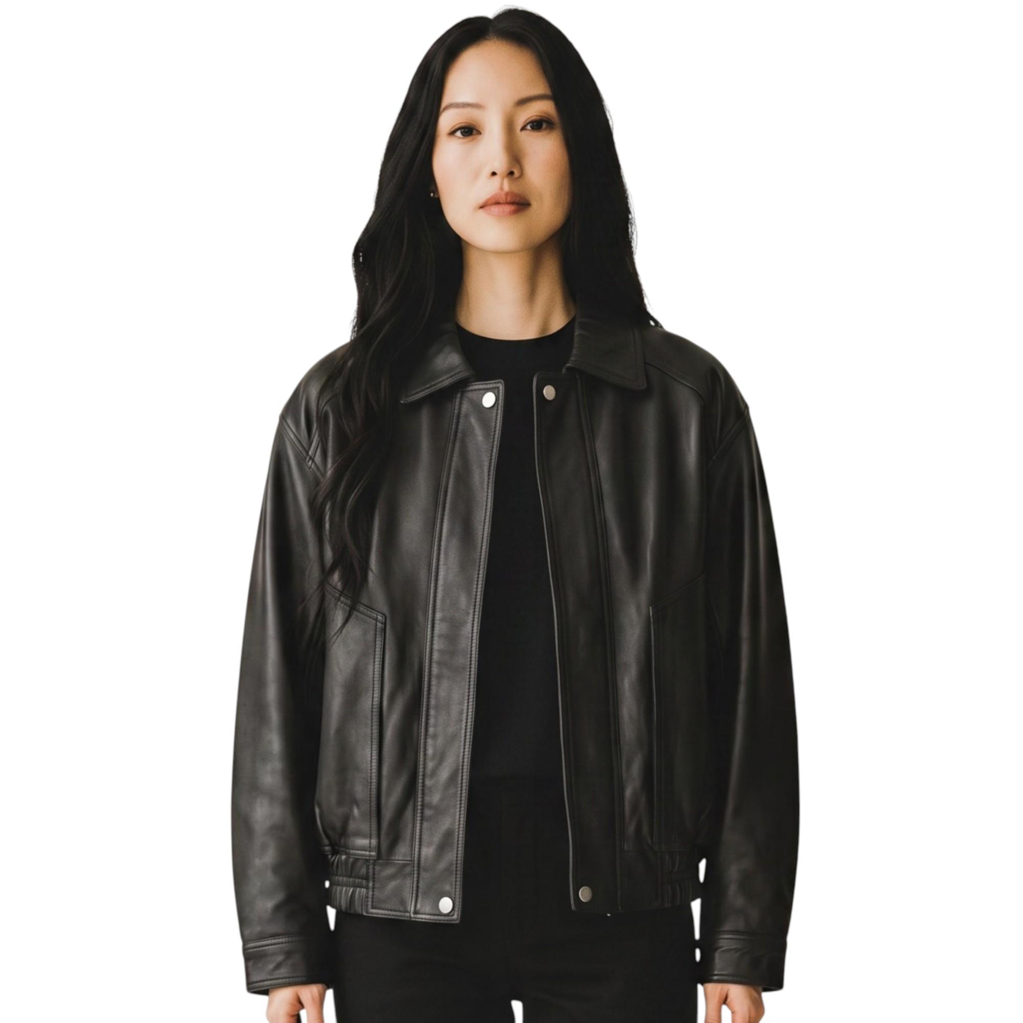 Damen Schwarze Leder-Biker Blouson Bomber Oversize-Jacke – Sibiu