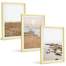 BILDER SET 3er Set - 40x60 cm Goldrahmen - Strandwellen, Steine, Sommer