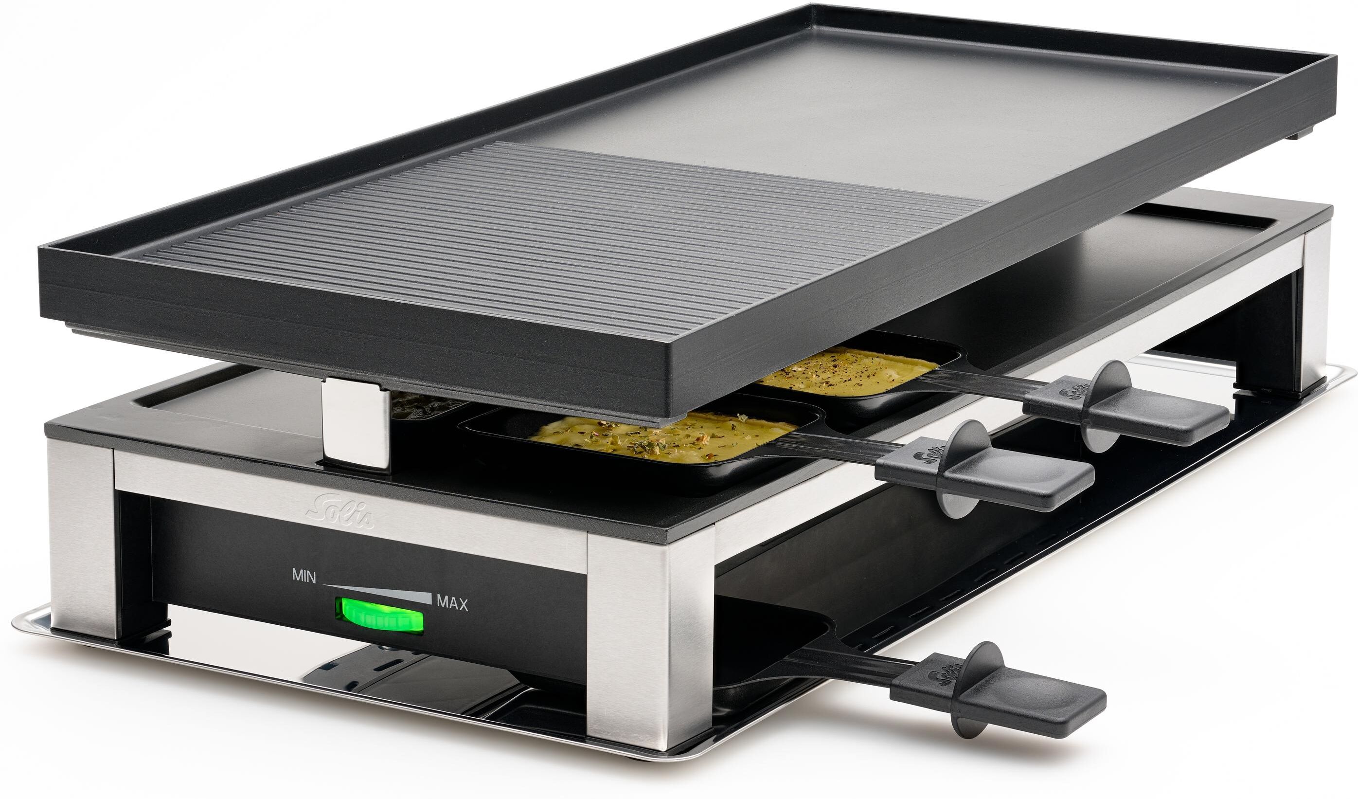 Solis OF SWITZERLAND Raclette "3 in 1 Grill 10 Personen", schwarz (schwarz, silberfarben), Raclettes, Raclette schwarz, silberfarben Einheitsgröße