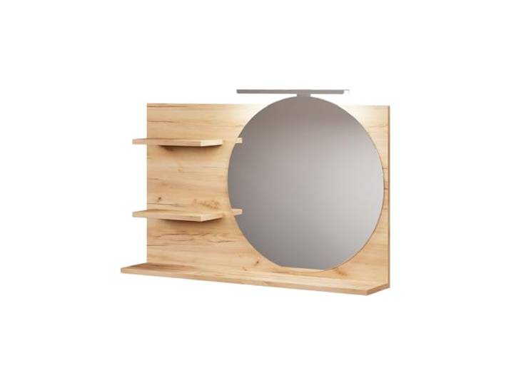 Vicco Spiegelregal Avena , Eiche, 80 x 50 cm LED-Beleuchtung · 3 Ablagefächer · Spiegel mit Ablagen · Runder Spiegel · Platz für Badaccessoires
