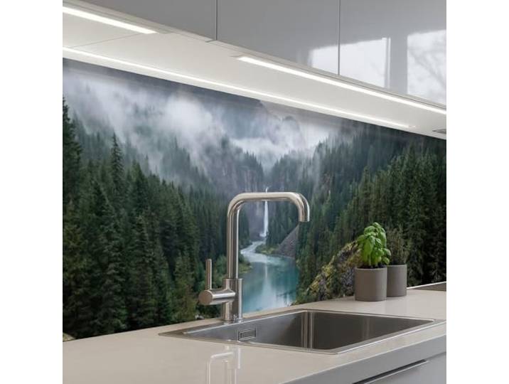 KitchenYeah© Spritzschutz Küchenrückwand Küche Abwaschbar Selbstklebend 80x400 cm - Küchenwand Küchenfront Küchen Rückenwand Wandschutz Wasserfall - Bäume - Berge