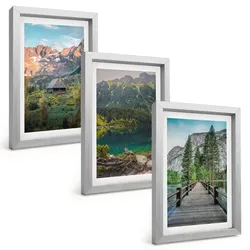 BILDER SET 3er Set - 20x30 cm Silberner Rahmen - Berglandschaft See Brücke