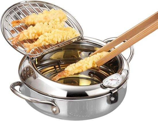 Buachois Tempura Friteuse Japanse Koekenpan met Thermometer - 20 cm Doorsnede - Zilver