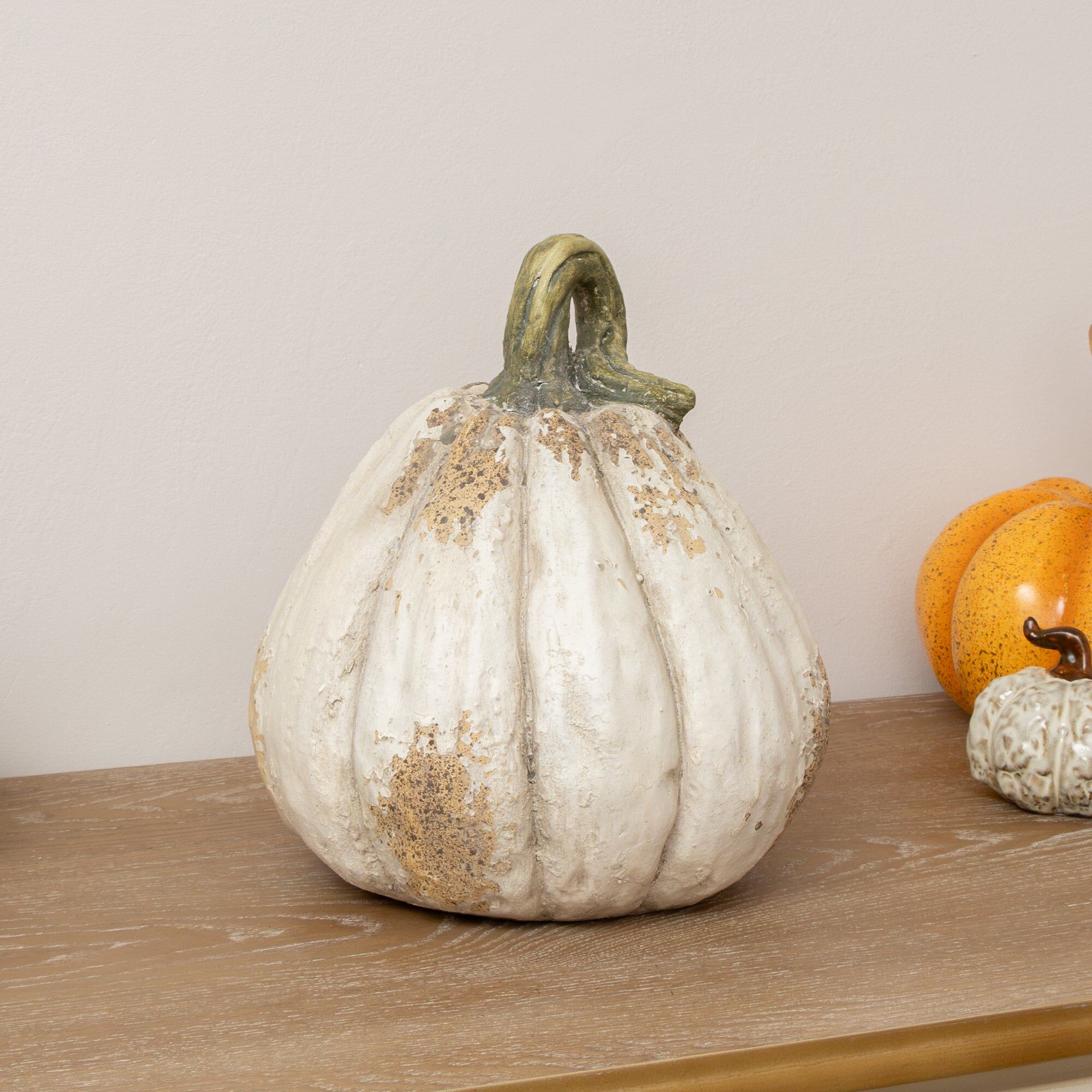 Large Cream Distressed Autumn Pumpkin Ornament - 26cm x 22cm Resin, Ceramic