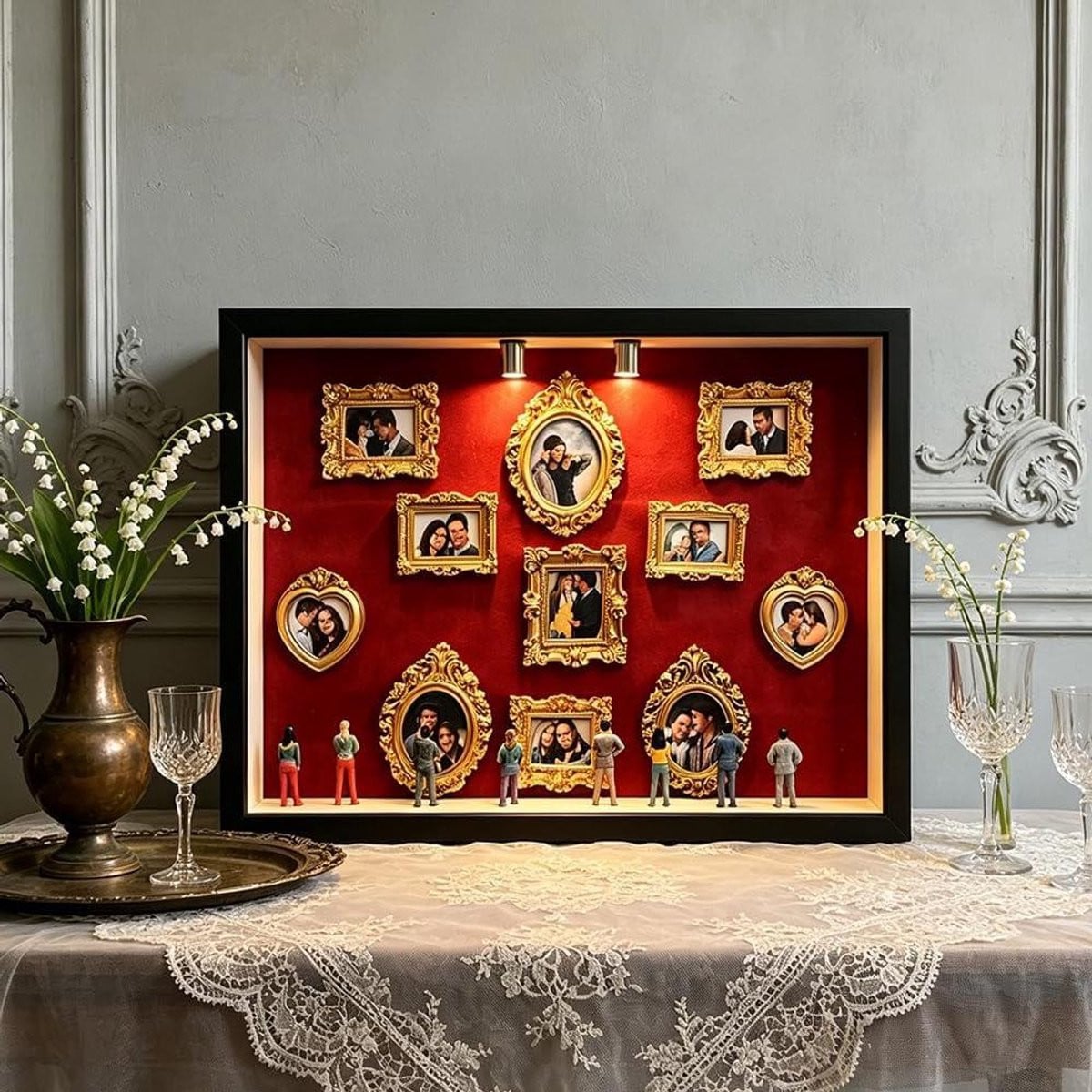 Mini Museum Fotolijst Vitrine Doos Rood Goud met 11 Fotolijsten