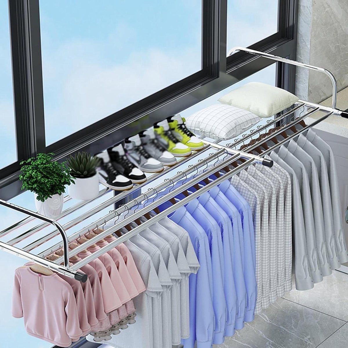 Inklapbaar droogrek en radiatorrek voor kleding, uitschuifbaar ontwerp, 62-106 cm, zilver