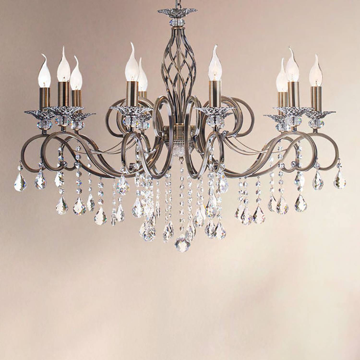 home24 Kroonluchter Grace type B, messing/goud, metaal en kristalglas, Ø 85 cm, E14