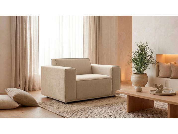 Loveseat GOODPRODUCT Avelin, 1.5 Sitzer, 140 cm, Chenille, Struktur-Boucle , beige, B:140cm H:75cm T:96cm, 100% polyester, Sessel, Loveseat, mit Wellenunterfederung, Kedernaht, bodentief, Skandi-Design