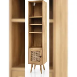 COSTWAY hoher Rattan Badezimmer Schrank mit 4 Regalen, Holzbeinen und Rattan Tür, schmale Kommode, Bücherregal