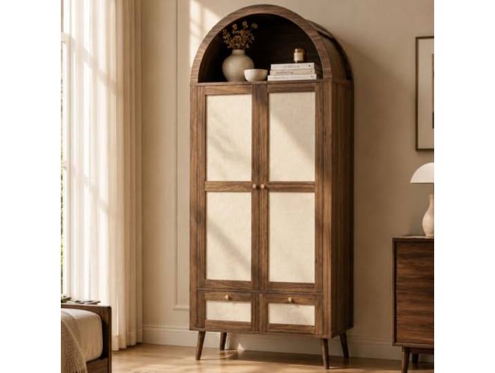 Merax Kleiderschrank 80x55x180 cm mit 2 Türen, 2 Schubladen, Bogenform, Rattan-Optik & offener Ablage – Dunkle Holzfarbe+Beige