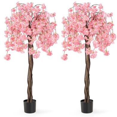 Costway 5.5 FT Tall Artificial Cherry Blossom Tree with Pink/White Flowers 2 Pack-Pink